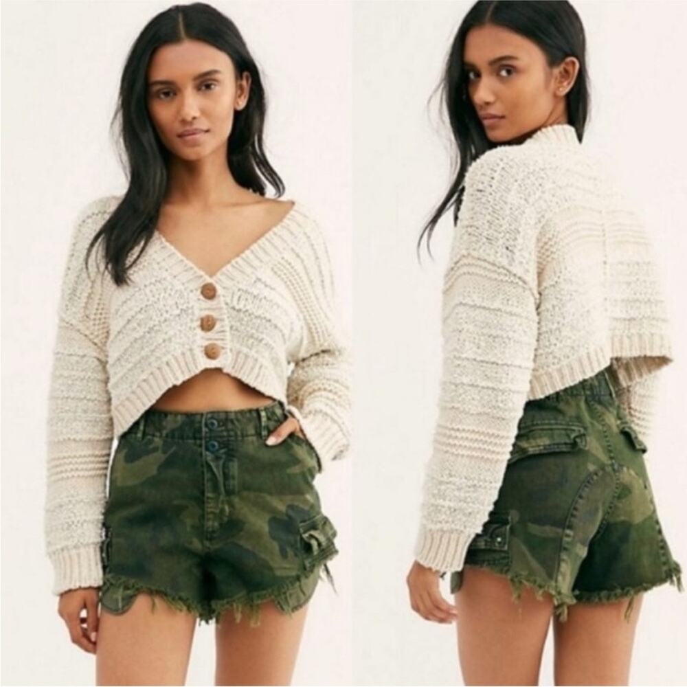 Free People We The Free Green Camo Commander Cut Off Denim Shorts 2 - Picture 2 of 9